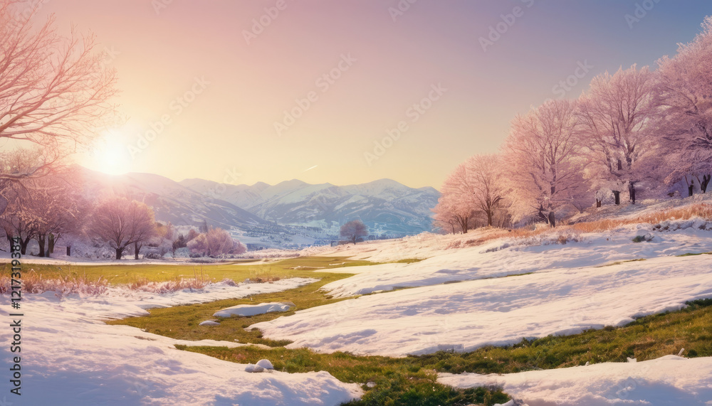 Snowy landscape with grass emerging under sunlight Snowy landscape with grass emerging under sunlight