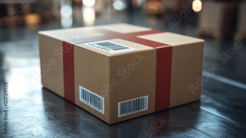 Cardboard box ready for shipment at a warehouse loading area during daylight ...