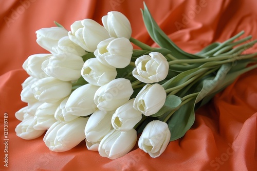 Beautiful white tulip bouquet on vibrant orange fabric