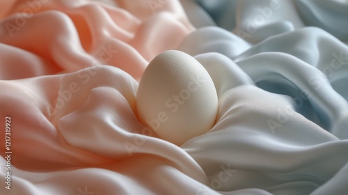 Simple white egg resting on soft, pale fabric in a serene setting