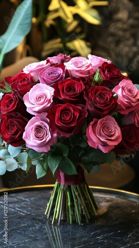 Beautiful bouquet of red and pink roses arranged elegantly for a special occa...