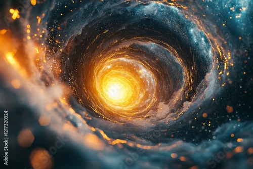 Swirling cosmic vortex filled with radiant golden particles in a dark expanse