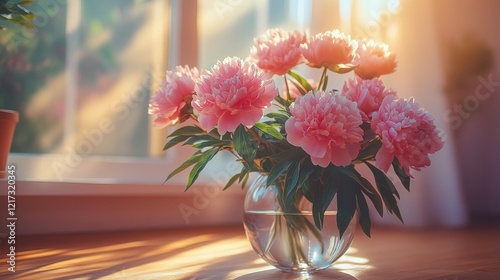Bright pink peonies arranged in a ceramic vase on a rustic wooden table