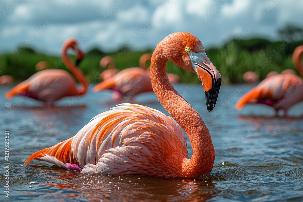 Fototapeta premium A mesmerizing sight greets visitors in Namib-Nukluft National Park, Walvish Bay, Namibia, where saltwater lagoons are filled with beautiful flamingos