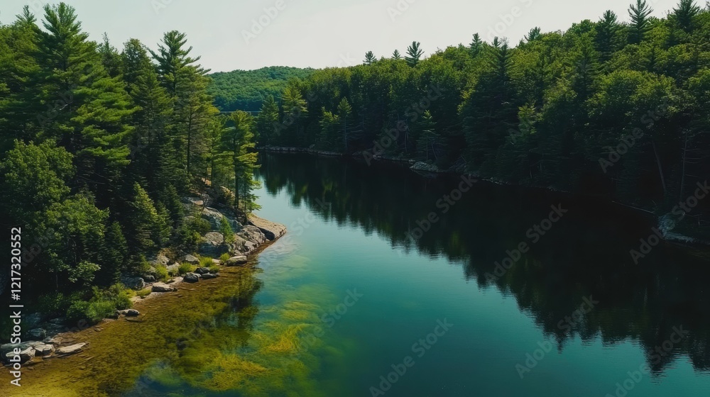 Naklejka premium A serene river meanders through a lush forest, its calm waters reflecting the surrounding greenery.