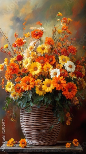 Colorful floral arrangement in basket with vibrant orange and yellow blooms o...