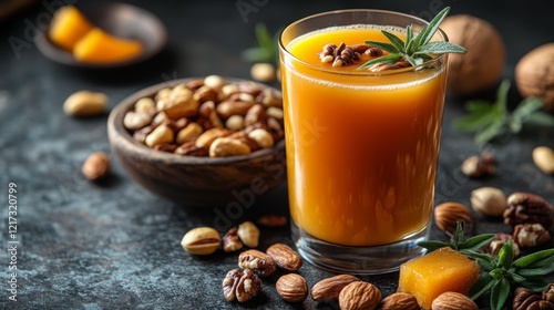 Refreshing fruit juice with mixed berries and nuts on a rustic table setting