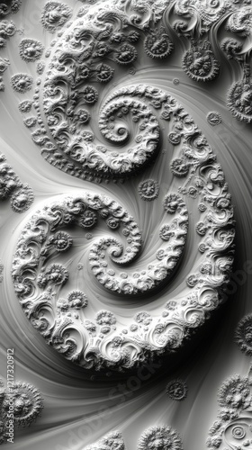 Intricate spiral pattern of textured shapes in black and white revealing fasc...