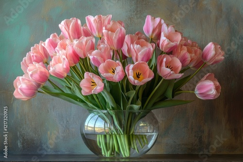 Beautiful bouquet of pink tulips arranged in a clear glass vase on a simple b...