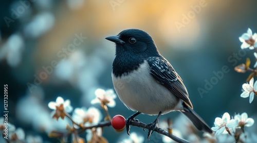 Bird perched on branch surrounded by blooming flowers during golden hour