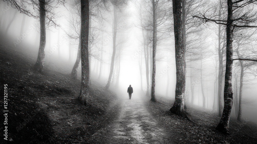 Naklejka premium Solitary figure walking path in foggy forest.