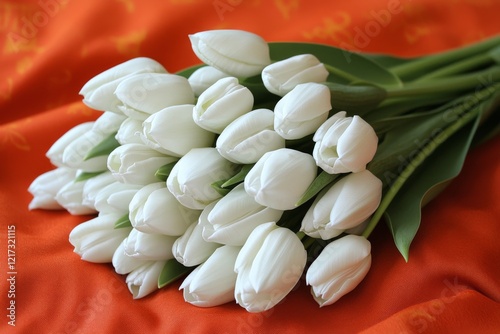 Beautiful white tulip bouquet on vibrant orange fabric