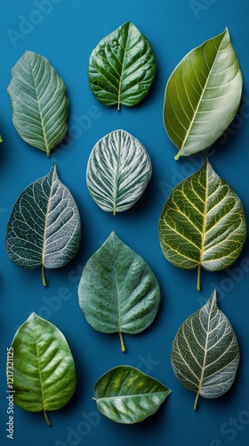 Green leaves against a bright blue background creating a vibrant contrast in ...