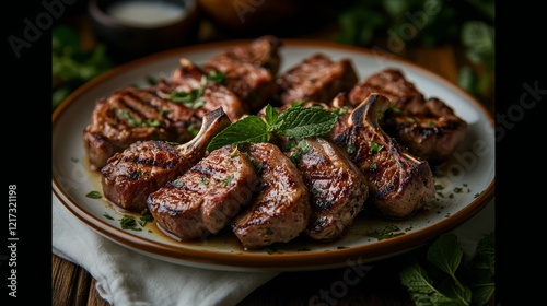 Grilled lamb chops served with roasted vegetables and yogurt sauce at a rusti...