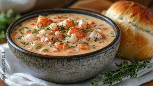 Creamy seafood chowder served with warm bread at a cozy dining setting during...