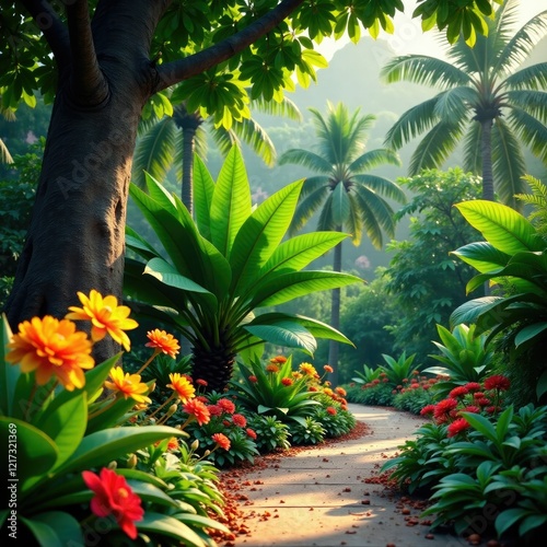 Cascabela thevetia blooms in a tropical garden with lush greenery and colorful flowers, tree, exotic photo