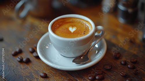 Warm cup of coffee resting on wooden table with espresso beans scattered arou...