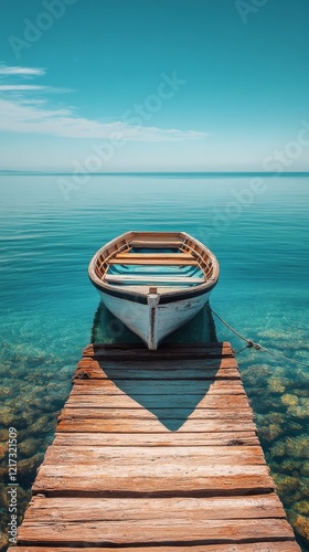 Calm waters reflecting a serene sky with a small boat docked on a wooden pier