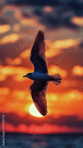 Seagull soaring against a vibrant sunset over the ocean waves