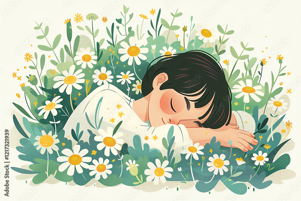 A serene illustration of a child peacefully sleeping among vibrant flowers and greenery, embodying tranquility and connection with nature. A serene illustration of a child peacefully sleeping among vibrant flowers and greenery, embodying tranquility and connection with nature.