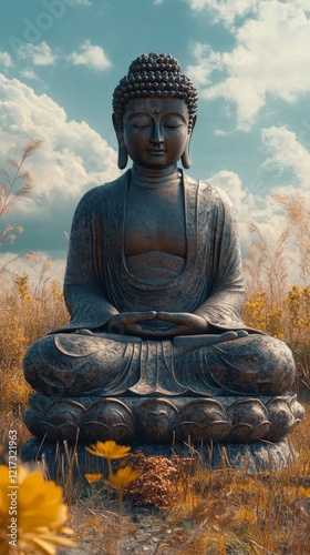 Serene Buddha statue surrounded by blooming flowers and soft clouds in a tran...