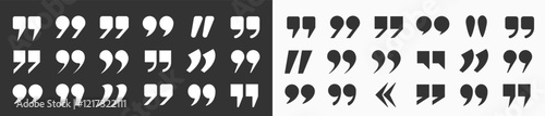 A large set of flat icons in the form of quotation marks on a light and dark background. A set of quotation marks, an isolated black and white vector icon in the form of a comma. Vector EPS 10.