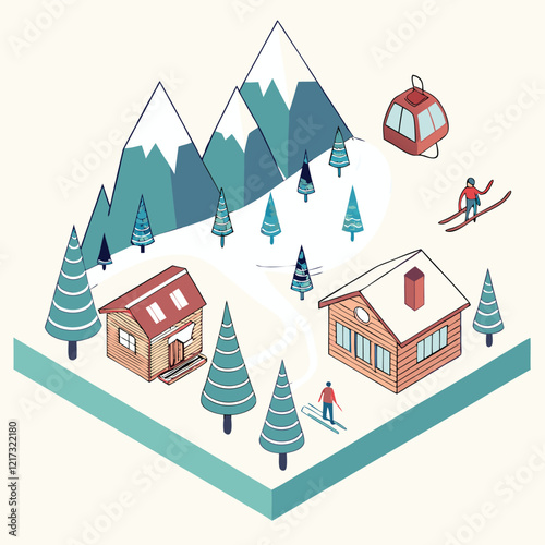 Isometric Mountain Resort with Ski Slopes