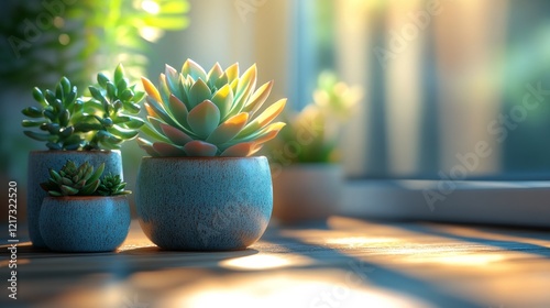Succulent plants arranged in pots on a wooden table in a bright interior setting
