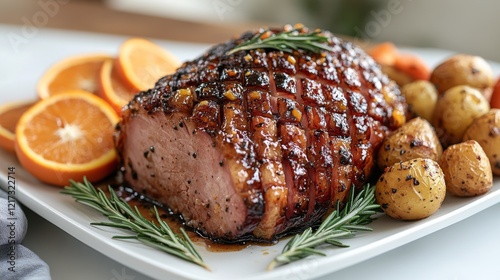 Perfectly roasted meat served with vegetables and citrus in a cozy dining set...