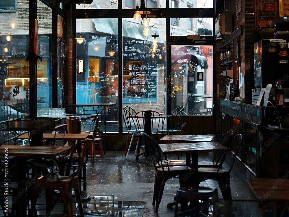 Fototapeta premium Illustration of A hipster café in a trendy neighborhood, where tables and chairs are disintegrating into digital code, patrons unfazed. Ai Generate. 