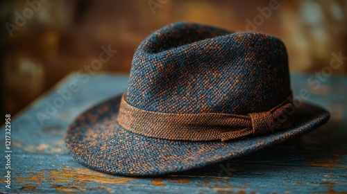 Stylish fedora hat resting on a wooden table showing intricate texture and de...