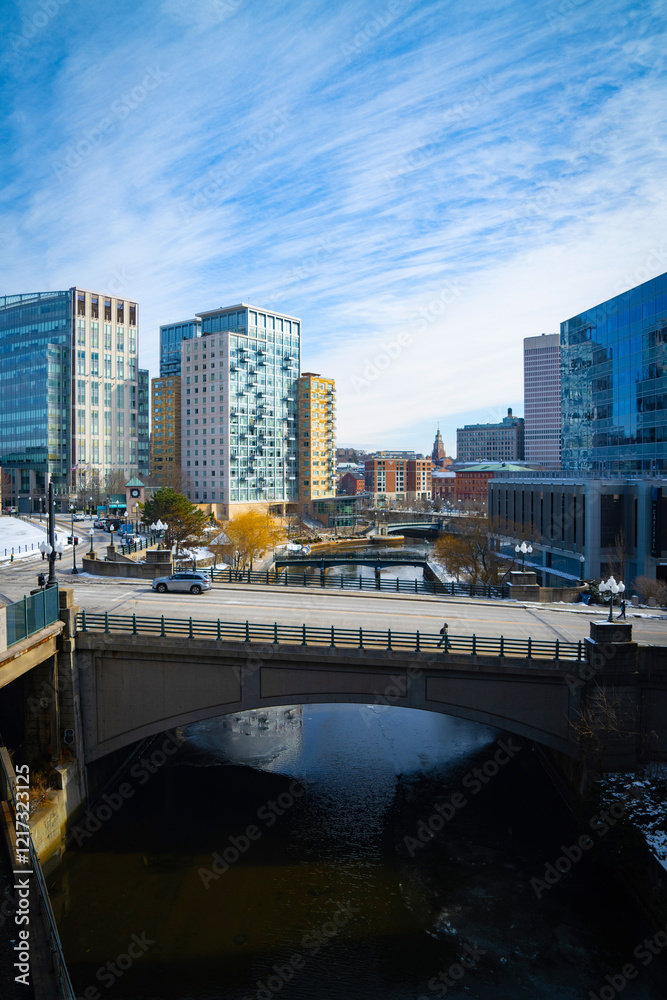 Fototapeta premium Providence Rhode Island Downtown Skyline, Skyscrapers, Promenade, and Bridges over the River
