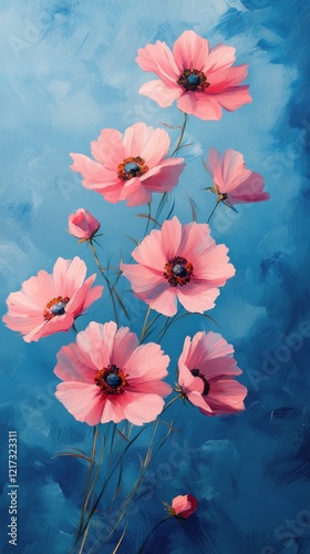 Blossom branch with pink flowers on a blue background showcasing nature's bea...