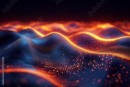 Vibrant abstract waves illuminated by glowing points and colors at night