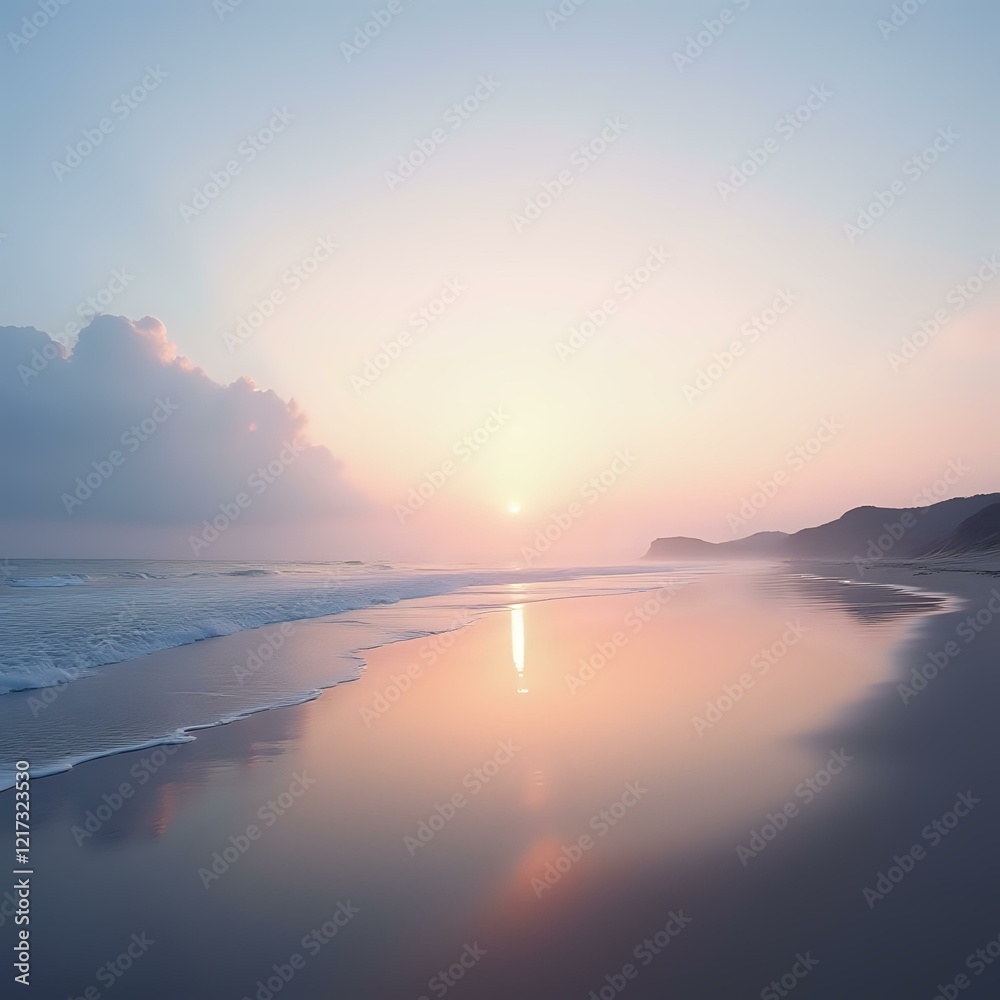 Fototapeta premium The image shows a serene sunset over a calm beach with waves reflecting the colors of the sky, and distant hills visible on the horizon.