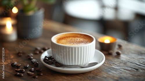 Warm cup of coffee resting on wooden table with espresso beans scattered arou...