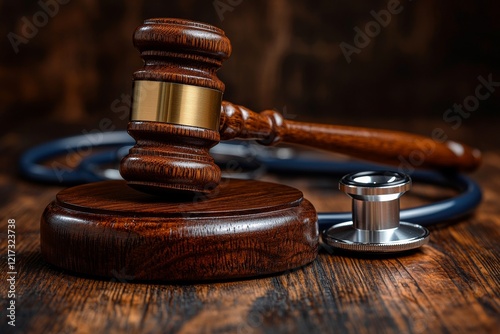 Malpractice law gavel and a stethoscope lie on a wooden table, together representing the intersection of medical and legal matters in today's healthcare