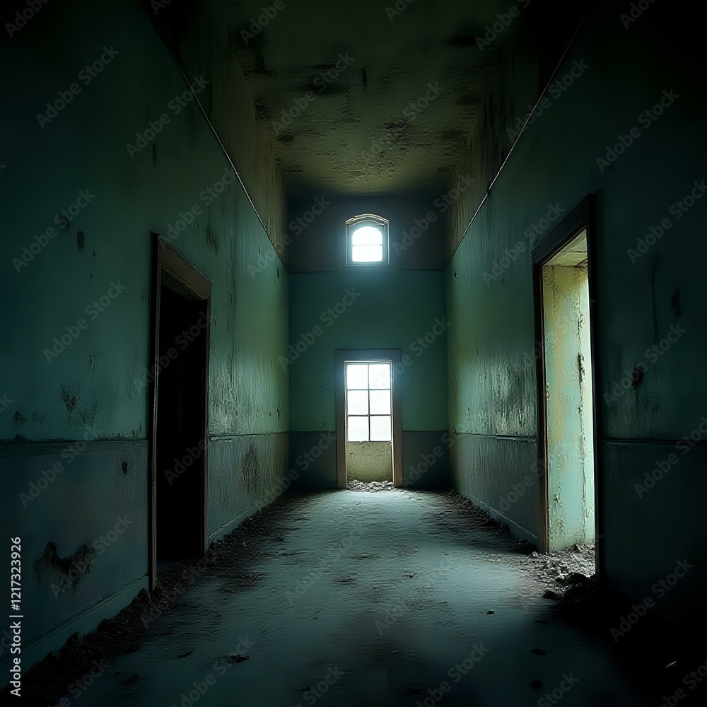An abandoned hallway with dilapidated walls, a broken floor, and two doors with one open, leading to a window with light shining through. An abandoned hallway with dilapidated walls, a broken floor, and two doors with one open, leading to a window with light shining through.
