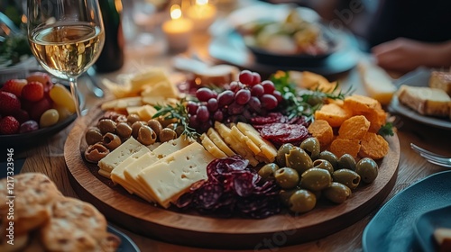 Enjoying a vibrant spread of meats, cheeses, and wine at a cozy gathering wit...