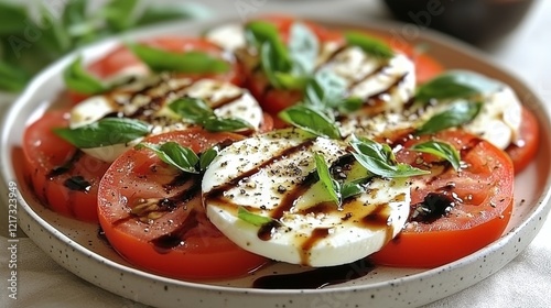 Fresh caprese salad with basil leaves and balsamic glaze in natural setting