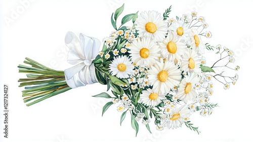Beautiful watercolor clipart of a wedding bouquet featuring daisies and delicate greenery, perfect for wedding invitations and decor