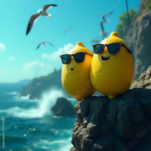 Two lemon-shaped characters wearing sunglasses sit atop a rocky cliff, with a seagull flying overhead and the ocean's crashing waves in the background.