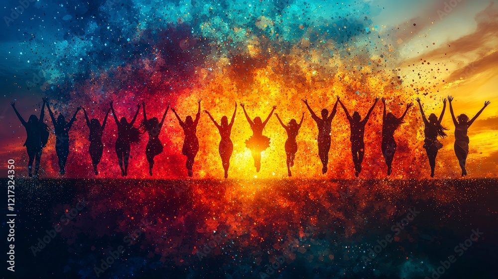 A dynamic silhouette composition of joyful figures against a backdrop of fiery colors, embodying excitement and the spirit of celebration with a warm glow of happiness and energy. A dynamic silhouette composition of joyful figures against a backdrop of fiery colors, embodying excitement and the spirit of celebration with a warm glow of happiness and energy.