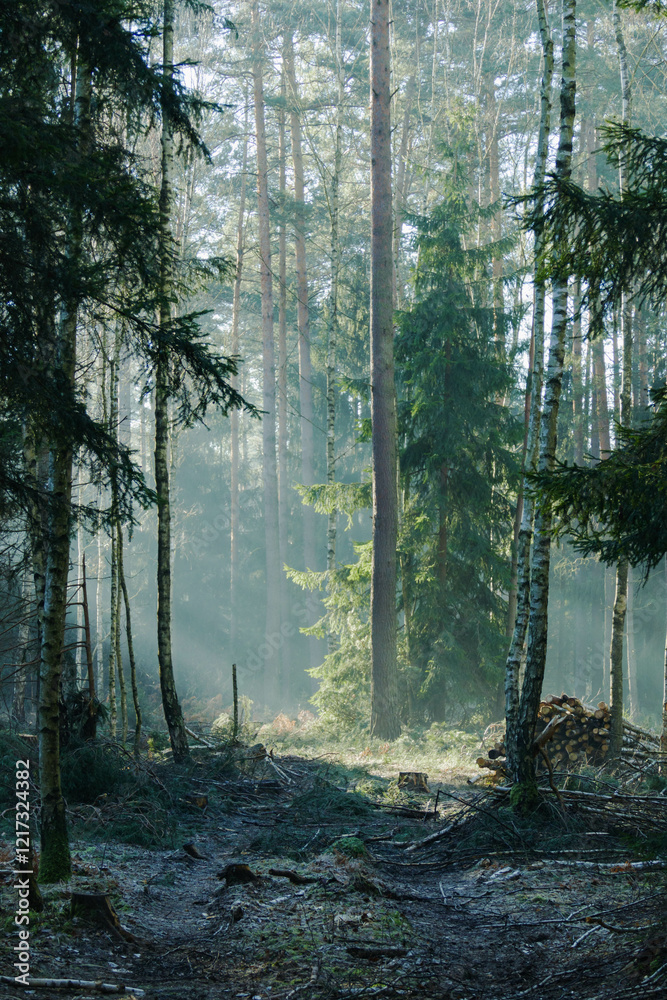 Mglisty poranek w sosnowo świerkowym lesie. Między drzewami unosi się opar mgły. Gałęzie drzew i mgła oświetlane są promeniami wschodzącego słońca.