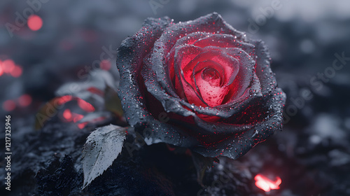 A dramatic close-up of a black rose with water droplets reflecting soft red lighting, creating a bold and cinematic effect, during a studio shoot
