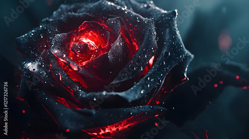 A dramatic close-up of a black rose with water droplets reflecting soft red lighting, creating a bold and cinematic effect, during a studio shoot