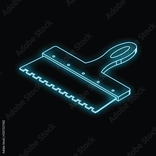 Neon notched trowel spreading tile adhesive with glowing blue light on black background