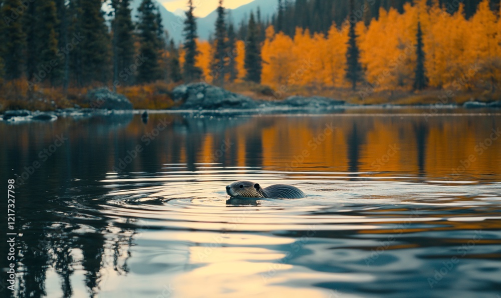 Otter swimming in autumn mountain lake Otter swimming in autumn mountain lake