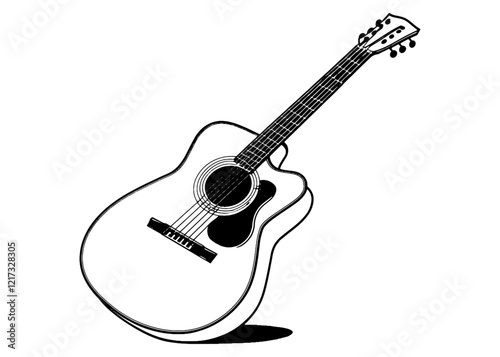 Hand drawn Vector illustration. String plucked musical instrument.Hand drawn cute outline illustration of camping guitar. Flat acoustic music instrument sticker in line art doodle style.
