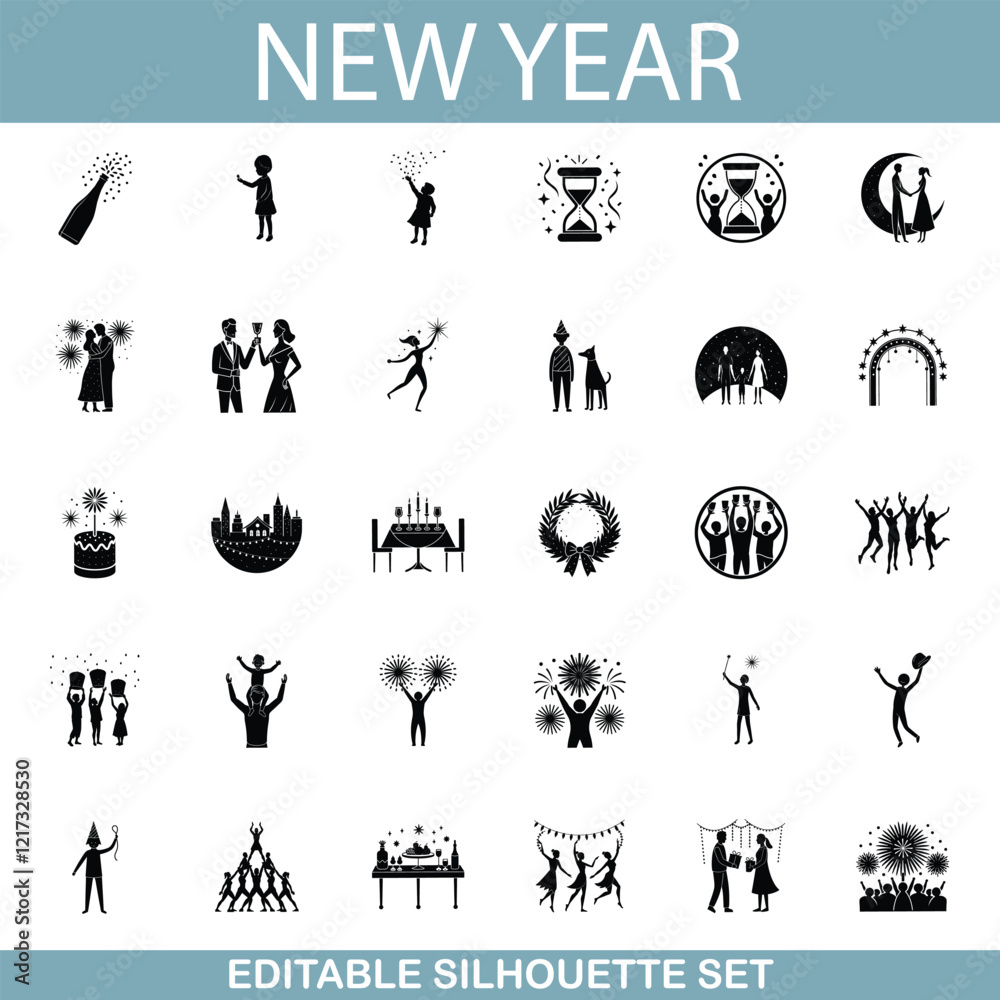 Fototapeta premium New Years Eve Party Silhouettes Celebration, Festive Icons Set